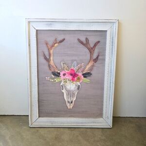 Home decor wall art Shabby Chic Bull skull with flowers distressed 20" x 16"